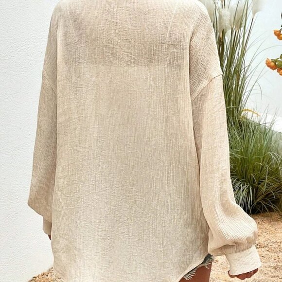 Khaki Boho Womens Drop Shoulder Button Front Shirt - Picture 2 of 5